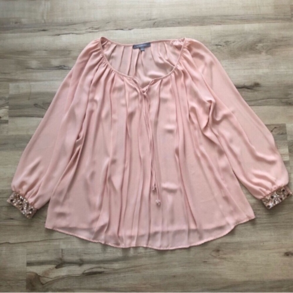 NY Collection Pink Blouse Sheer Bedazzled Cuff Statement Sleeves